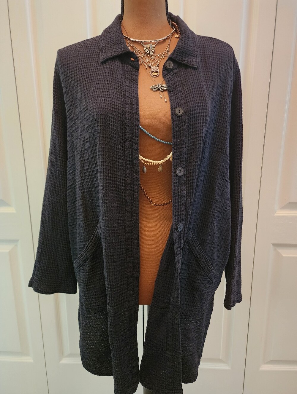 Black Waffle Knit Button Front Guazy Cotton Cardigan Shacket